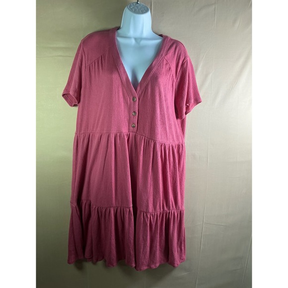 Knox Rose Dresses & Skirts - Knox Rose Pink Tiered Babydoll Dress V-Neck Short Sleeve Textured Crepe L